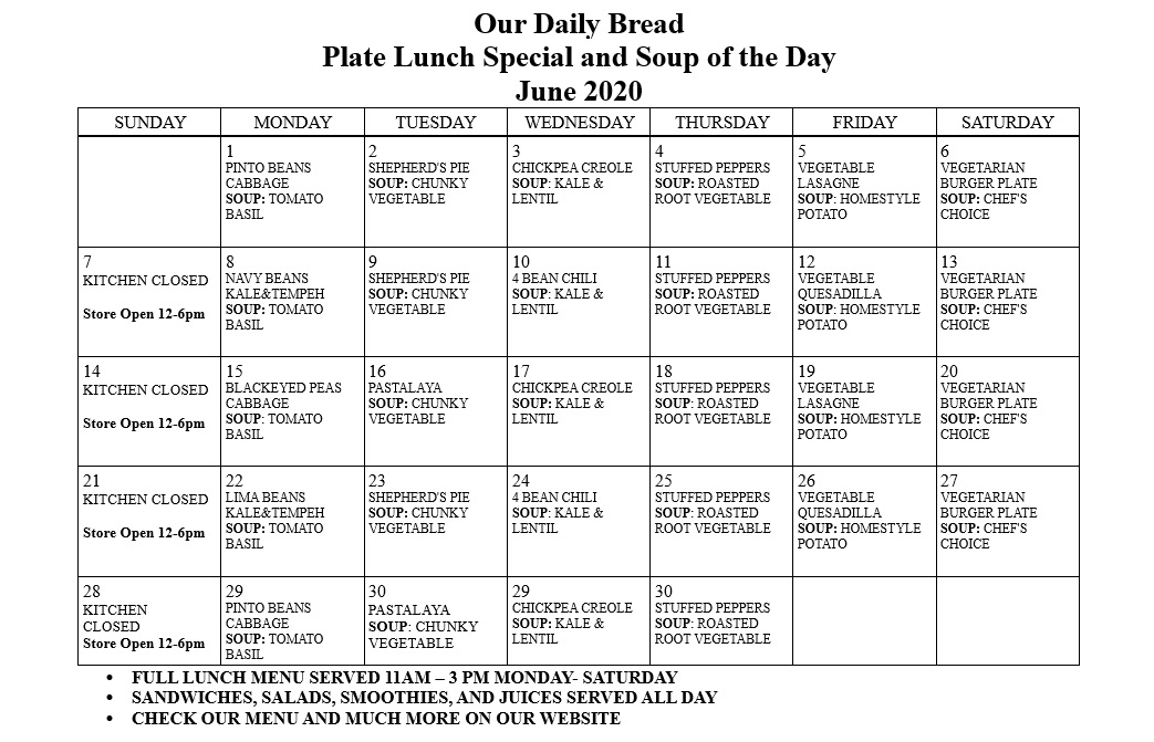 June 2020 Our Daily Bread Menu 