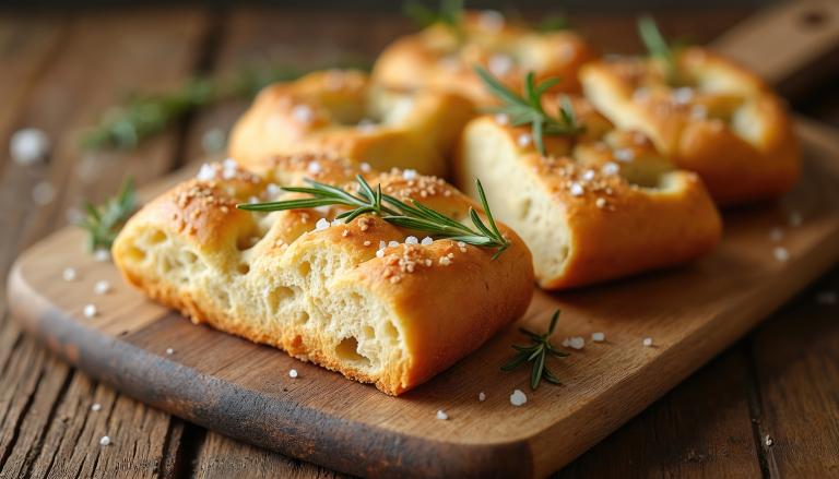 Sliced pieces of focaccia sprinkled with sea salt and rosemary sprigs on a wooden cutting board.